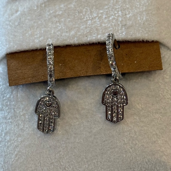Stainless Steel CZ Hamsa Hoop Earrings Silver-Tone Dangle Protection Charms NWT - Picture 1 of 8